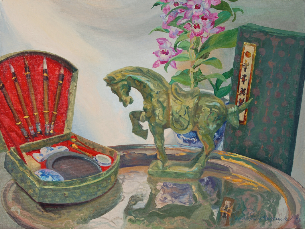 Painting of orchids, jade horse and Chinese brushes