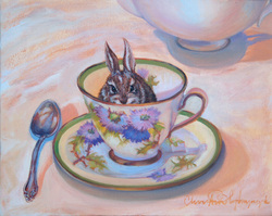 Painting of rabbit in tea cup
